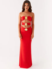 Metal Rose Hollow Out Off-shoulder Backless Long Dress