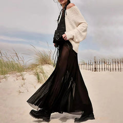 Mesh Transparent Frill Midi Skirt Black / S