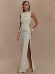 Backless Ruched O Neck Thigh High Split Long Dress