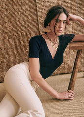 Women V Neck Knitted Crochet Tee