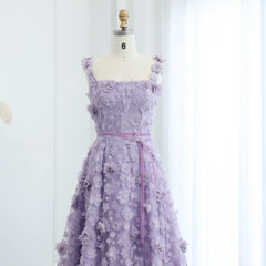 Lilac 3D Embroidered Flowers High Slit Evening Dress