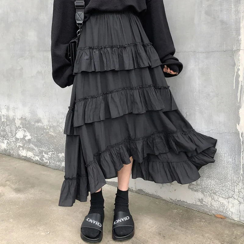 Gothic High Low Ruched Ruffle Skirt Black / S