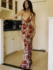 Red Floral Maxi Dress with Cowl Neck & Tie Back