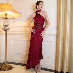 Scarf Collar Backless Solid Long Dress