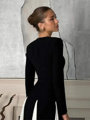 Pleated Patchwork Long Sleeve  Maxi Dress