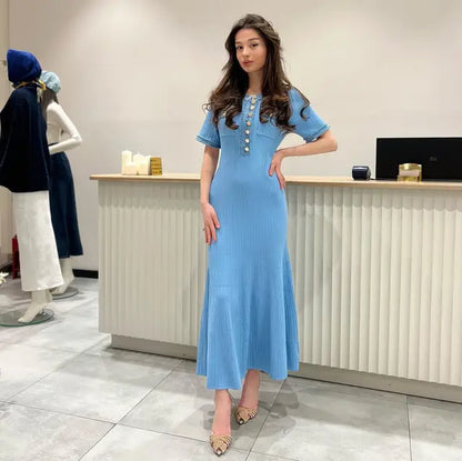 Valentina | V-Neck Pleated Knit Maxi Dress - HELLA TREND