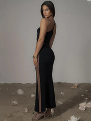 Black Mesh Patchwork One Shoulder Maxi Dress