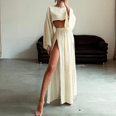 Linen Flare Sleeve Top & Slit Skirt Set