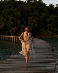 Halter Pleated Top Elastic Waist Long Skirt Suit