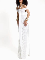 Slash Neck Pleated Braid Ribbon Long Dress