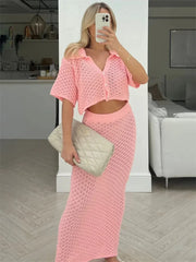 Knit Hollow Out Top and Long Skirt Suit