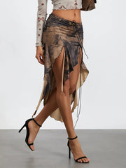 Flexible Waist Draped Frill Skirt Dark Brown / S