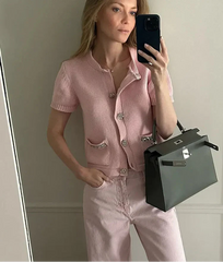 Women's Pink Short Sleeve Rhinestone Cardigan