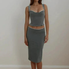 Spliced Lace Top Low Waist Midi Skirt Suits