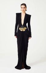 Deep V Neck Long Sleeves Black Maxi Dress  Party Gown