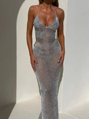 Glitter Sheer Halter Women Maxi Dress Gray Backless