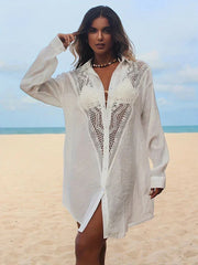 Spliced Lace Turn-Down Collar Cover Up WHITE / One Size