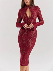 V-Neck Hollow Out Long Sleeve Black Lace Maxi Dress