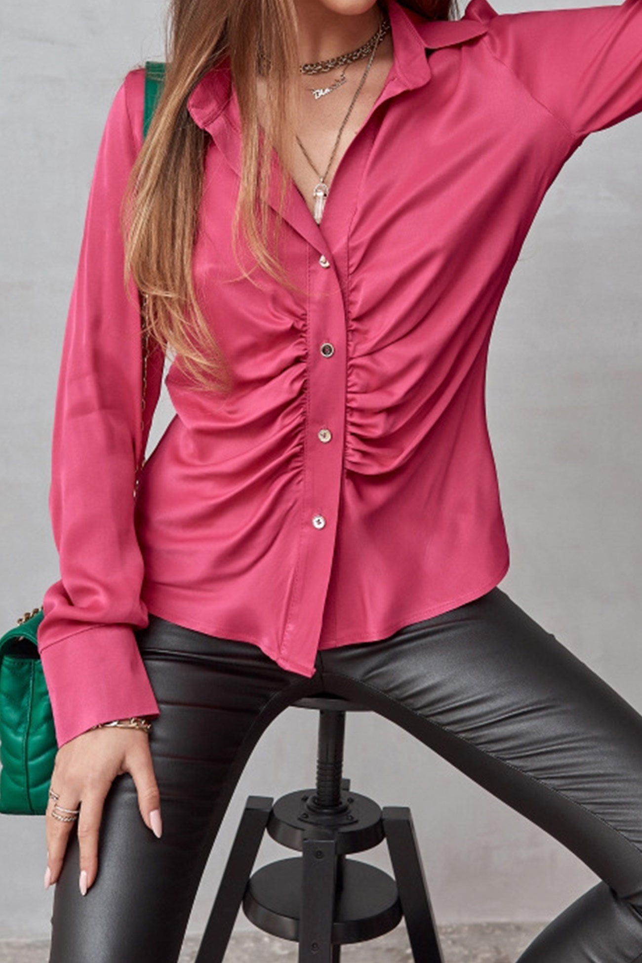 Satin Ruched Single-breasted Blouse