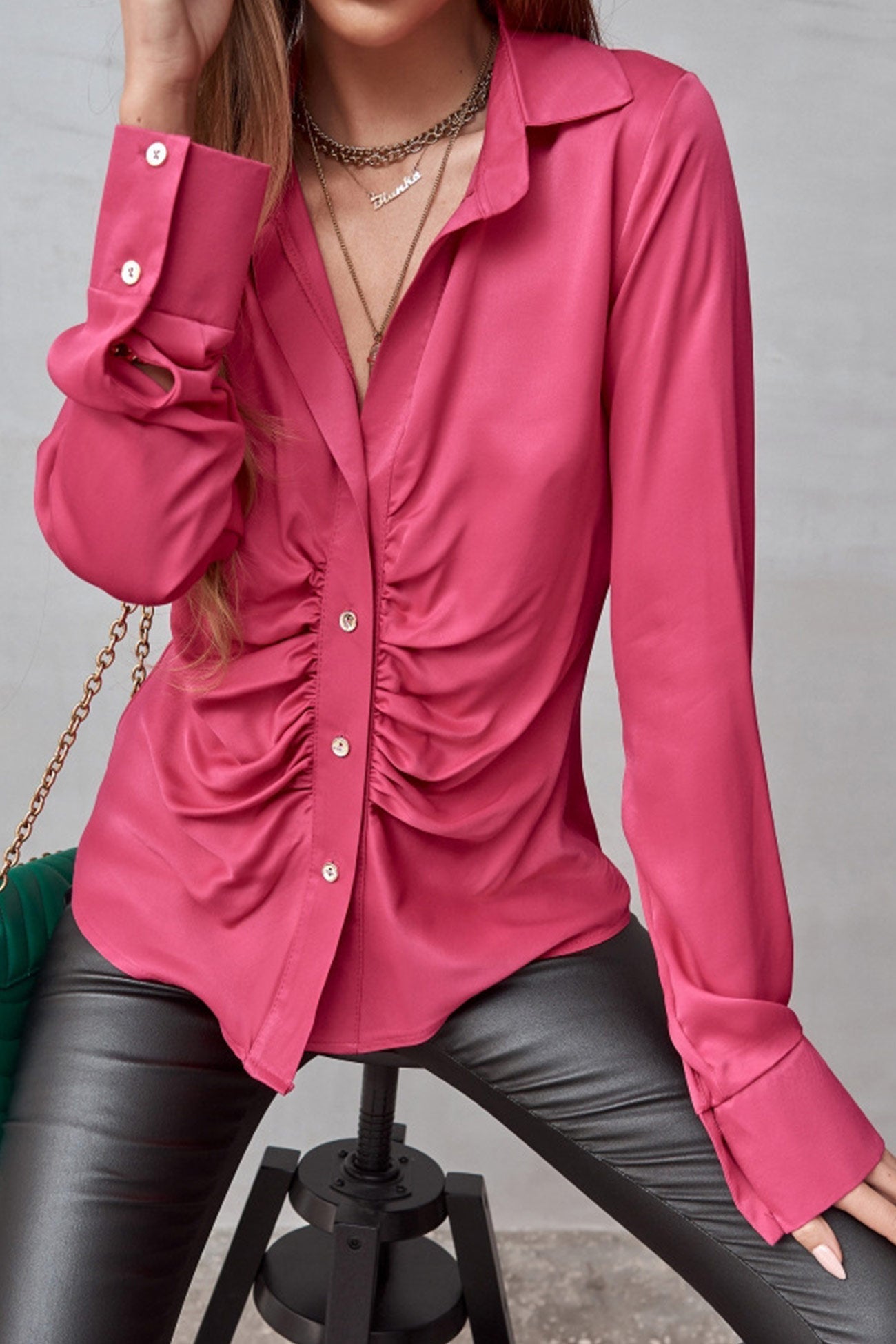 Satin Ruched Single-breasted Blouse