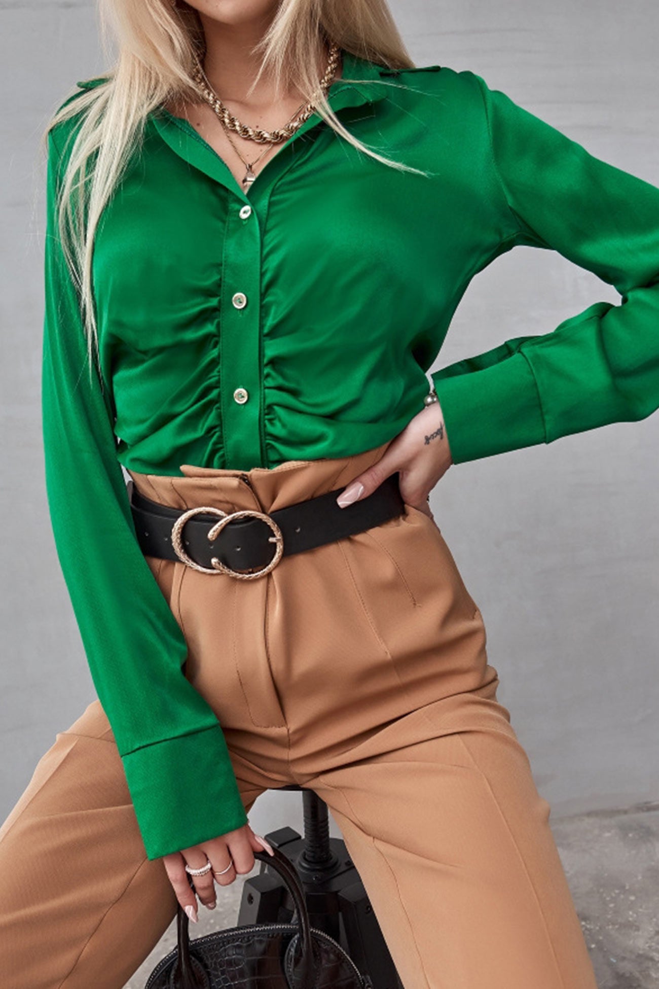 Satin Ruched Single-breasted Blouse