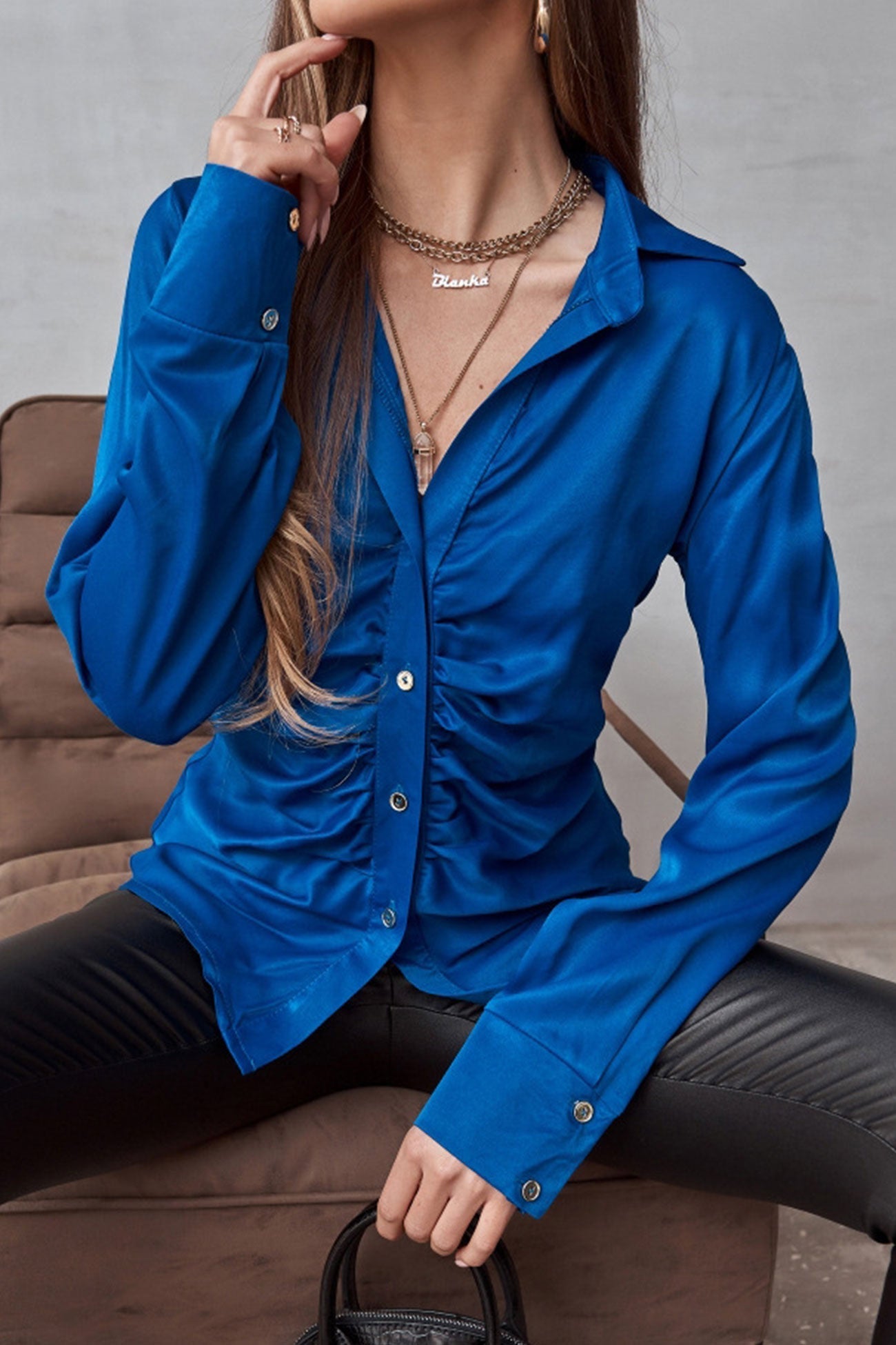 Satin Ruched Single-breasted Blouse