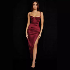 Satin Sling Dress Frill Split Thigh Tight Satin Dress