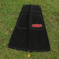 Hip Hop Eerie Rebellious Embroidery Denim Pant black3 / S