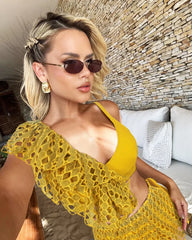 Ruffle V-neck Mesh Three Piece Swimsuit