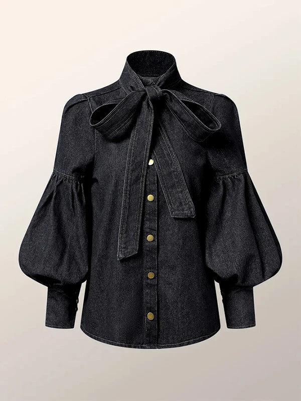 Denim Puff Sleeve High Neck Top