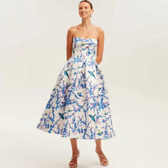 Floral printed strapless back tied rope dress