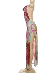 Floral Print Backless Halter Dress with Split for Women