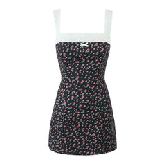 Flower Print Embroidery Lace Slash Collar Mini Dress