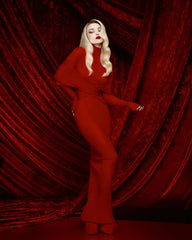 Red Bandage Turtle Neck Cross Design Long Dress