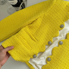Yellow Tweed Long Sleeve Woolen Coat