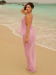 Mesh Irregular Ruffles Backless Tops and Long Skirts Suits