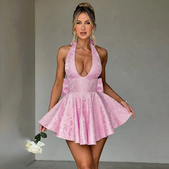 Women's Bow Deep V Halter Backless A-line Dress