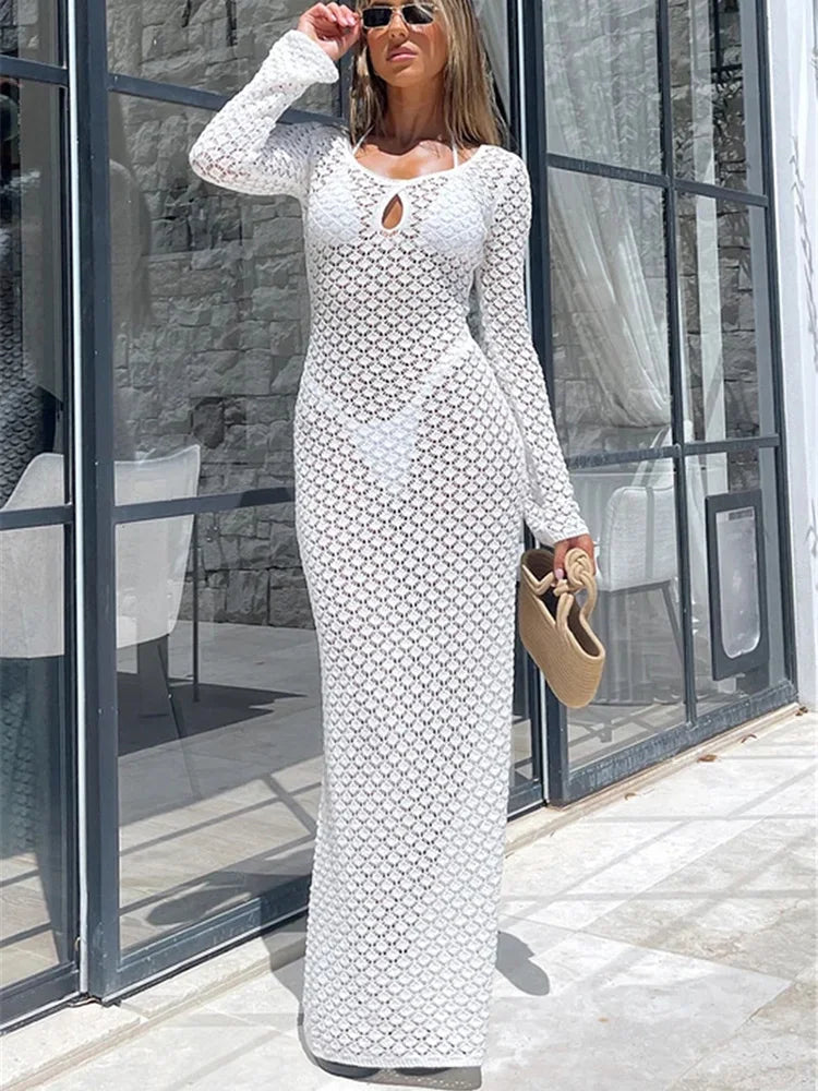 See Through Hollow Out Long Sleeve Cover Up