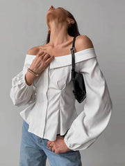 Off-Shoulder White Long Sleeved Blouse