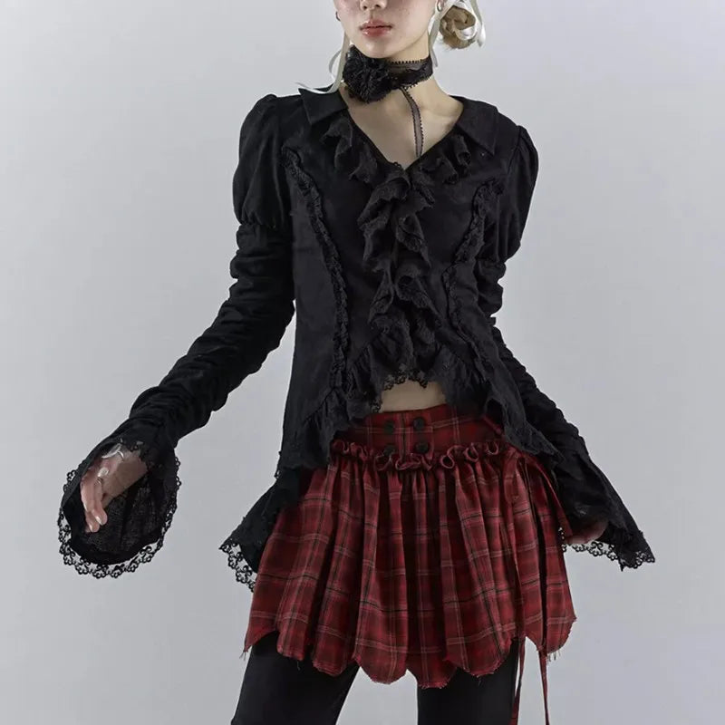 Dark Black Lace Flare Sleeve Shirt