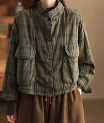 Vintage Cotton Linen Plaid Quilted Jacket