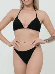 Halter Bikini Set with Drawstring Three Piece Swimsuit Black / S