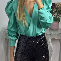 Satin Puff Long Sleeve Pleated Ruffled Tops