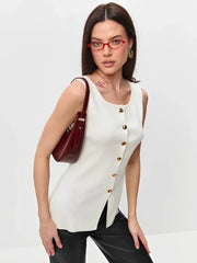 Metal Buckle Slit Knitted Vest  Slim Sleeveless Top