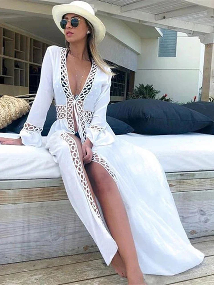 Deep V-Neck Hollow Out Bikini Cover Up WHITE / One Size