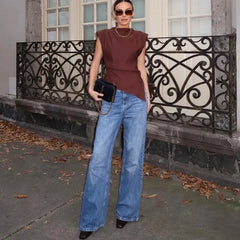 Sleeveless Cropped Top Pleated Round Neck Vest T-Shirt