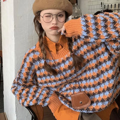 Plaid Long Sleeve Knitted Sweater