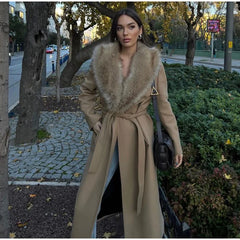 Wool Lace-Up Fur Lapel Thick Over Coat