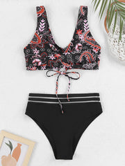 Drawstring Strap Tape Print Two Piece Set Red1 / S