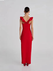 Red Flower Ruffles Strap Maxi Dress